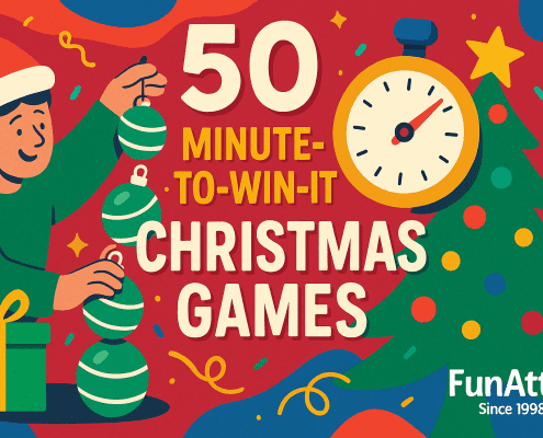 A vibrant 2D digital illustration features playful Christmas elements for a blog titled “50 Minute-to-Win-It Christmas Games.” A smiling character in a Santa hat stacks green ornaments on the left. A large stopwatch appears on the right near a decorated Christmas tree. Confetti, stars, and bold red, green, blue, and yellow shapes fill the background. The title text is centered in large cream-colored letters. The FunAttic logo with “Since 1998” sits in the bottom right corner.