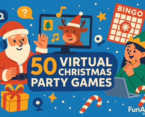 Colorful 2D digital illustration for the article ‘50 Virtual Christmas Party Games,’ featuring Santa wearing headphones, a reindeer on a computer screen, an elf using a laptop, a virtual bingo card, wrapped presents, candy canes, and festive icons on a bright blue background with FunAttic Since 1998 branding.