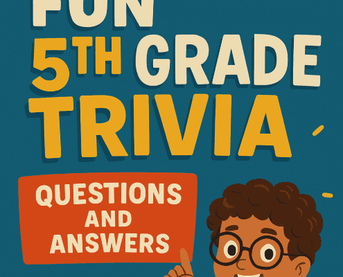 A bright, playful illustration featuring the title “500 Fun 5th Grade Trivia Questions and Answers” in large yellow and white letters on a teal background. To the right, a cheerful cartoon boy with curly hair and glasses raises his finger as if he has an idea, standing beside a stack of colorful books topped with a green apple. A glowing lightbulb icon appears above him. The FunAttic logo with “Since 1998” is displayed at the bottom left.