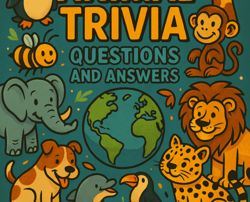 A colorful, playful illustrated poster titled “500 Animal Trivia Questions and Answers” in bold yellow letters on a teal background. Surrounding the title are cute cartoon animals, including a penguin, giraffe, monkey, bee, elephant, dog, dolphin, toucan, lion, leopard, raccoon, and two owls. A green-and-blue globe is centered near the bottom, and leaves and paw prints are scattered throughout. The FunAttic logo with “Since 1998” appears at the bottom.