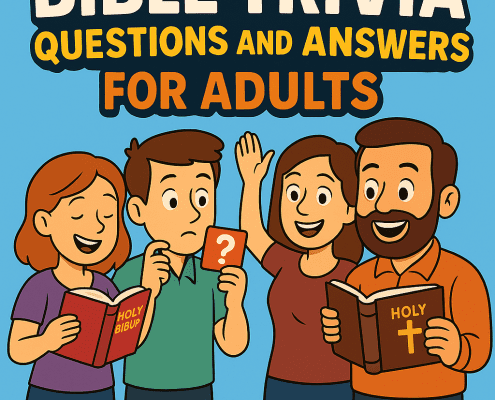 Illustrated book cover titled “500 Bible Trivia Questions and Answers for Adults.” The top features large yellow numbers “500” against a bright blue sky with clouds. Beneath, bold white and yellow text reads “Bible Trivia Questions and Answers,” and orange text says “For Adults.” Below the title, four cartoon-style adults stand smiling with open Bibles and a trivia card while gathered around a table with an open book. The FunAttic logo appears at the bottom with “Since 1998.”