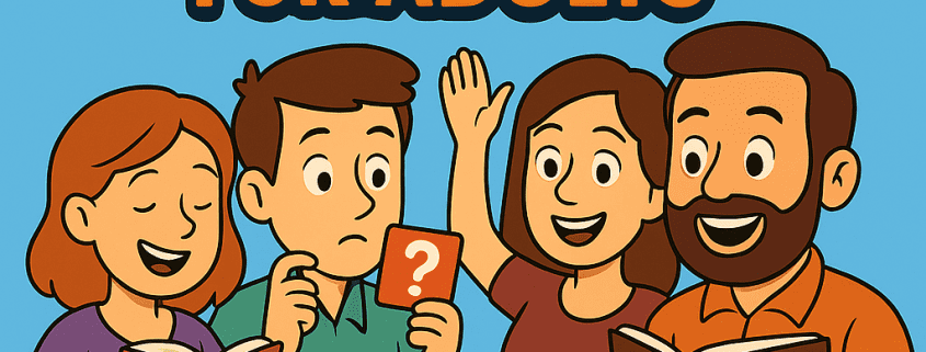 Illustrated book cover titled “500 Bible Trivia Questions and Answers for Adults.” The top features large yellow numbers “500” against a bright blue sky with clouds. Beneath, bold white and yellow text reads “Bible Trivia Questions and Answers,” and orange text says “For Adults.” Below the title, four cartoon-style adults stand smiling with open Bibles and a trivia card while gathered around a table with an open book. The FunAttic logo appears at the bottom with “Since 1998.”