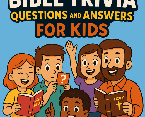 Illustrated book cover titled “500 Bible Trivia Questions and Answers for Kids.” The top features large yellow numbers “500” against a blue sky with clouds. Below, bold white and yellow text reads “Bible Trivia Questions and Answers” and orange text reads “For Kids.” Five cartoon-style characters—four children and one adult—smile and hold open Bibles or trivia cards around a table. The FunAttic logo appears at the bottom with “Since 1998.”
