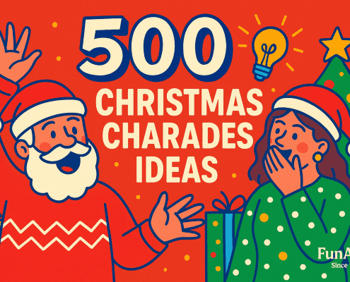 A playful Christmas-themed illustration showing a cheerful Santa and a woman in a Santa hat acting out charades beside a decorated Christmas tree and gift boxes, with bold text reading “500 Christmas Charades Ideas” and the FunAttic logo in the corner.