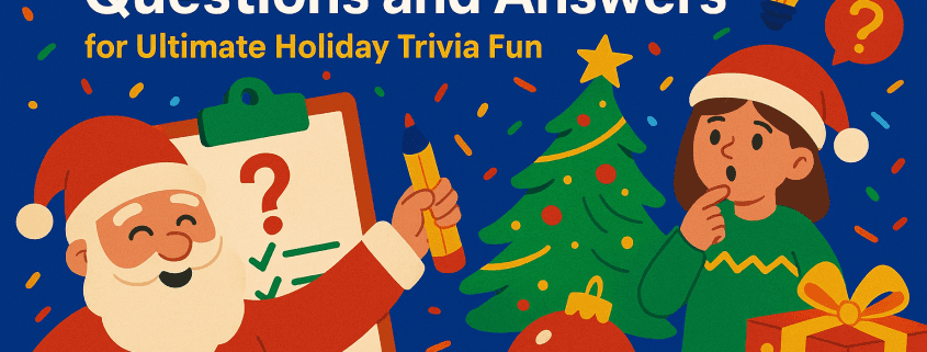 Colorful digital illustration of a Christmas trivia scene on a deep blue background. A cheerful Santa holds a giant pencil and a clipboard with question marks and check marks, while a child in a Santa hat stands thinking beside a decorated Christmas tree, gift box, and smiling ornament. Confetti, lightbulb and question mark icons float around the bold title text “500 Christmas Quiz Questions and Answers for Ultimate Holiday Trivia Fun,” with the branding “FUN ATTIC. Since 1988” in the bottom right corner.