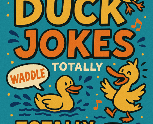 Featured image for the article titled ‘500 Duck Jokes Totally Quack-tastic,’ designed in a bold, colorful cartoon style. The cover shows three cheerful yellow ducks splashing, waddling, and flapping their wings on a teal background. Large playful lettering reads ‘500 Duck Jokes Totally Quack-tastic,’ surrounded by water splashes, music notes, and speech bubbles saying ‘Waddle’ and ‘Quack-tastic!’ Bright shades of orange, yellow, and blue create a lively, fun, pond-themed atmosphere.”