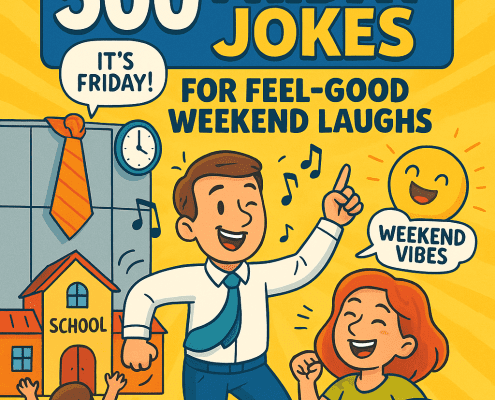 Colorful illustrated book-style cover titled “500 Friday Jokes for Feel-Good Weekend Laughs.” The design features bright, cheerful cartoon elements like coffee cups, confetti, stars, and smiling icons that represent fun, TGIF energy, and weekend vibes. A bold FunAttic badge sits near the title, and the overall layout feels playful, energetic, and celebratory—matching the theme of feel-good Friday humor.