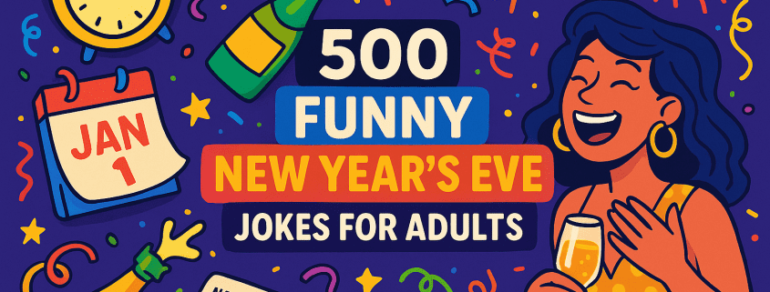 A bright, cartoon-style New Year’s Eve illustration shows a laughing woman in a yellow polka-dot dress holding a champagne glass on the right side, surrounded by colorful confetti and fireworks against a deep purple background. On the left are a yellow clock nearing midnight, a red-and-white calendar page labeled “JAN 1,” popping champagne bottles, and a checklist titled “NEW YEAR’S RESOLUTIONS.” In the center, bold stacked text reads “500 FUNNY NEW YEAR’S EVE JOKES FOR ADULTS” in white and orange on blue and purple blocks. At the bottom right, the white logo text reads “FunAttic Since 1988.”