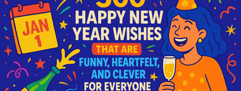 A colorful, playful New Year’s illustration featuring confetti, fireworks, stars, and streamers on a bright purple-blue background. A cheerful woman wearing a yellow polka-dot shirt and a party hat holds a champagne glass on the right side. On the left, a popping champagne bottle, a red heart, and a yellow calendar labeled “JAN 1” appear. In the center, bold text reads: “500 Happy New Year Wishes That Are Funny, Heartfelt, and Clever for Everyone.” The FunAttic logo with “Since 1988” is placed in the bottom right corner.