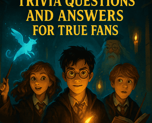 A magical illustrated book cover featuring Harry Potter, Hermione Granger, and Ron Weasley holding wands that glow warmly in a dark, candlelit Hogwarts corridor. A luminous blue Patronus creature floats near Hermione. Professor Dumbledore stands in the background. Large golden text at the top reads “500 Harry Potter Trivia Questions and Answers for True Fans,” and at the bottom, “FunAttic – Since 1998.”