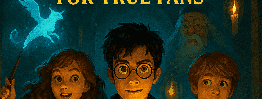 A magical illustrated book cover featuring Harry Potter, Hermione Granger, and Ron Weasley holding wands that glow warmly in a dark, candlelit Hogwarts corridor. A luminous blue Patronus creature floats near Hermione. Professor Dumbledore stands in the background. Large golden text at the top reads “500 Harry Potter Trivia Questions and Answers for True Fans,” and at the bottom, “FunAttic – Since 1998.”