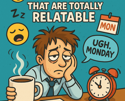 A colorful, cartoon-style poster that reads “500 Monday Jokes That Are Totally Relatable” in big yellow and white bubble letters at the top, with sleepy emoji faces, a tiny calendar marked “MON,” and a speech bubble that says “UGH, MONDAY.” In the center, a rumpled, exhausted office worker slumps at a cluttered desk, holding an oversized steaming coffee mug while papers spill everywhere and an alarm clock ticks nearby. At the bottom, the FunAttic – Since 1998 badge appears, tying the whole playful, Monday-mood scene together.