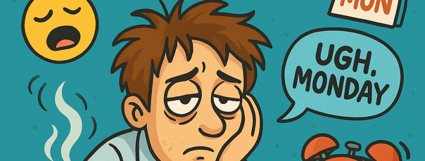 A colorful, cartoon-style poster that reads “500 Monday Jokes That Are Totally Relatable” in big yellow and white bubble letters at the top, with sleepy emoji faces, a tiny calendar marked “MON,” and a speech bubble that says “UGH, MONDAY.” In the center, a rumpled, exhausted office worker slumps at a cluttered desk, holding an oversized steaming coffee mug while papers spill everywhere and an alarm clock ticks nearby. At the bottom, the FunAttic – Since 1998 badge appears, tying the whole playful, Monday-mood scene together.
