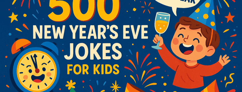 Illustrated New Year’s Eve banner showing the text “500 New Year’s Eve Jokes for Kids” beside a smiling child in a party hat holding a fizzy drink, with a happy countdown clock, colorful fireworks, confetti, and party hats on a dark blue background, plus the “FunAttic. Since 1998” logo in the bottom right corner.