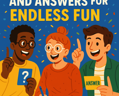 A colorful, playful illustration featuring three cheerful friends sitting at a table playing a trivia game. Large bold yellow and white text at the top reads “500 Rando Trivia Questions and Answers for Endless Fun,” with confetti scattered across a bright blue background. One player holds a blue card with a question mark, another writes on a sheet of paper, and the third holds a yellow card labeled “ANSWER.” A red dice sits on the table, and the FunAttic logo with “Since 1998” appears in the top right corner.