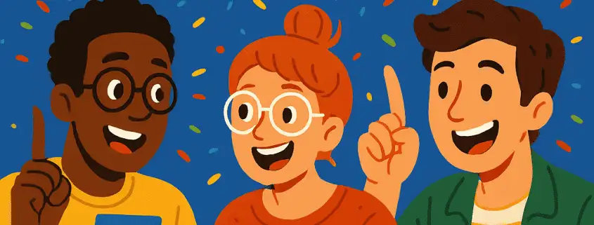 A colorful, playful illustration featuring three cheerful friends sitting at a table playing a trivia game. Large bold yellow and white text at the top reads “500 Rando Trivia Questions and Answers for Endless Fun,” with confetti scattered across a bright blue background. One player holds a blue card with a question mark, another writes on a sheet of paper, and the third holds a yellow card labeled “ANSWER.” A red dice sits on the table, and the FunAttic logo with “Since 1998” appears in the top right corner.