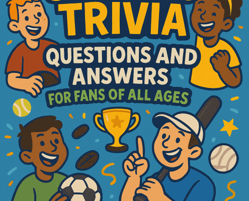A bright, playful illustration featuring the title “500 Sports Trivia Questions and Answers for Fans of All Ages” in bold yellow and white lettering on a blue background. Surrounding the text are cheerful cartoon kids playing different sports: one holding a basketball, one raising a victorious fist, one grinning with a soccer ball, and another holding a baseball bat while pointing upward. Sports items like tennis balls, footballs, a volleyball, and confetti fill the background. A golden trophy is centered beneath the title, and the FunAttic logo with “Since 1998” appears at the bottom.