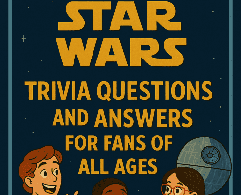 Illustrated book cover titled “500 Star Wars Trivia Questions and Answers for Fans of All Ages.” The background is dark blue with small stars scattered across it. An X-wing starfighter appears near the top left, and the Death Star is shown on the right side. Large golden text displays “500” and “Star Wars,” with smaller golden text beneath reading “Trivia Questions and Answers for Fans of All Ages.” At the bottom, three cartoon-style characters—a smiling man, a boy holding a notepad, and a girl with glasses—sit together as if discussing trivia. The FunAttic logo and “Since 1998” appear in white in the lower-left corner.
