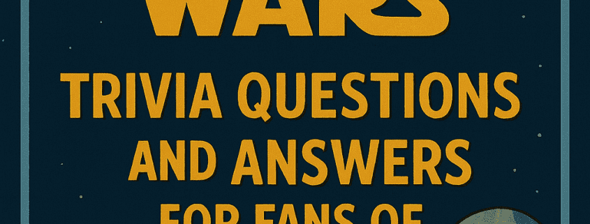 Illustrated book cover titled “500 Star Wars Trivia Questions and Answers for Fans of All Ages.” The background is dark blue with small stars scattered across it. An X-wing starfighter appears near the top left, and the Death Star is shown on the right side. Large golden text displays “500” and “Star Wars,” with smaller golden text beneath reading “Trivia Questions and Answers for Fans of All Ages.” At the bottom, three cartoon-style characters—a smiling man, a boy holding a notepad, and a girl with glasses—sit together as if discussing trivia. The FunAttic logo and “Since 1998” appear in white in the lower-left corner.