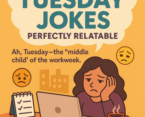 Colorful illustrated book-style cover titled “500 Tuesday Jokes Perfectly Relatable.” The design shows a tired teal coffee mug with droopy eyes, a slouching purple calendar page labeled “Tuesday,” and a yawning pink donut, all surrounded by playful doodles like zigzags, stars, and coffee beans. Speech bubbles read things like “Brew-sday!” and “Almost Friday… kinda.” A FunAttic “Since 1998” badge appears in the bottom right corner, tying the artwork to the lighthearted Tuesday humor theme.