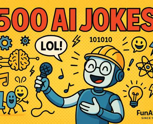 A bright, comic-style horizontal banner with the bold red title “500 AI JOKES” across the top. A smiling cartoon robot wearing glasses and a yellow helmet holds a microphone and laughs, with a speech bubble saying “LOL!”. Around it are fun AI themed icons including binary code, gears, a brain, an atom, and light bulbs, all on a yellow halftone background. The FunAttic logo with “Since 1998.” appears in the bottom right corner.