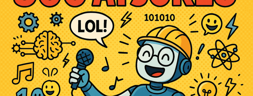 A bright, comic-style horizontal banner with the bold red title “500 AI JOKES” across the top. A smiling cartoon robot wearing glasses and a yellow helmet holds a microphone and laughs, with a speech bubble saying “LOL!”. Around it are fun AI themed icons including binary code, gears, a brain, an atom, and light bulbs, all on a yellow halftone background. The FunAttic logo with “Since 1998.” appears in the bottom right corner.