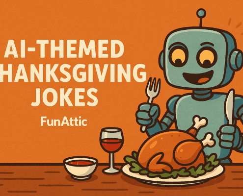 A cheerful cartoon robot sits at a table holding a fork and knife while smiling at a roasted Thanksgiving turkey, with the title “AI-Themed Thanksgiving Jokes” on a warm orange background.