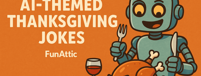 A cheerful cartoon robot sits at a table holding a fork and knife while smiling at a roasted Thanksgiving turkey, with the title “AI-Themed Thanksgiving Jokes” on a warm orange background.