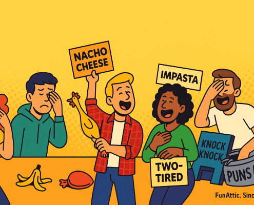A colorful cartoon-style banner shows five people reacting to cheesy jokes with laughter and facepalms. One holds a rubber chicken and a sign reading “NACHO CHEESE,” another holds “IMPASTA,” and a third displays “TWO-TIRED.” Props like a banana peel, whoopee cushion, and buckets labeled “KNOCK KNOCK” and “PUNS” add to the playful chaos. The background is bright yellow with dotted accents, and the FunAttic. Since 1998. logo appears in the bottom right corner.