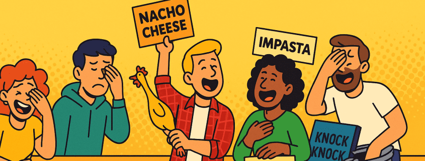 A colorful cartoon-style banner shows five people reacting to cheesy jokes with laughter and facepalms. One holds a rubber chicken and a sign reading “NACHO CHEESE,” another holds “IMPASTA,” and a third displays “TWO-TIRED.” Props like a banana peel, whoopee cushion, and buckets labeled “KNOCK KNOCK” and “PUNS” add to the playful chaos. The background is bright yellow with dotted accents, and the FunAttic. Since 1998. logo appears in the bottom right corner.