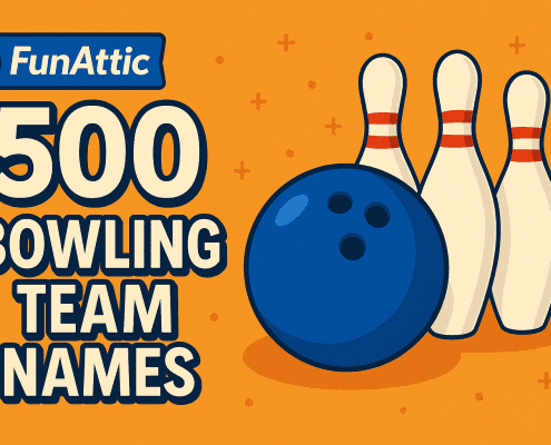 A bright orange graphic with bold navy text reading “500 Bowling Team Names” beside a large blue bowling ball and three white pins. The FunAttic logo sits at the top left. Small decorative plus signs float across the background for a playful feel.