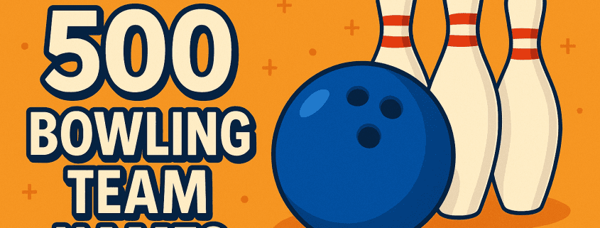 A bright orange graphic with bold navy text reading “500 Bowling Team Names” beside a large blue bowling ball and three white pins. The FunAttic logo sits at the top left. Small decorative plus signs float across the background for a playful feel.