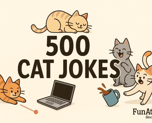 A fun, modern cartoon banner for “500 Cat Jokes” featuring four playful illustrated cats. One cat chases a red laser dot, another naps on top of the title, a gray cat laughs with eyes closed, and a cream cat knocks over a coffee mug near a laptop. The background is a soft beige, and the FunAttic logo appears in the bottom right corner.