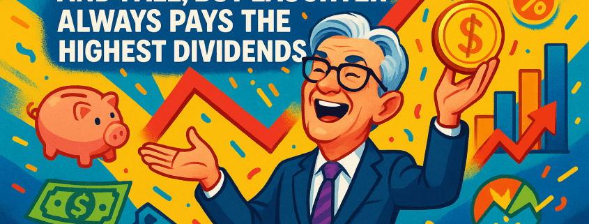 A vibrant, playful digital illustration featuring a cartoon-style Jerome Powell laughing while holding a gold coin, surrounded by colorful financial icons like arrows, charts, dollar signs, and a piggy bank. Bold text reads “The economy may rise and fall, but laughter always pays the highest dividends,” with the FunAttic logo in the bottom right.