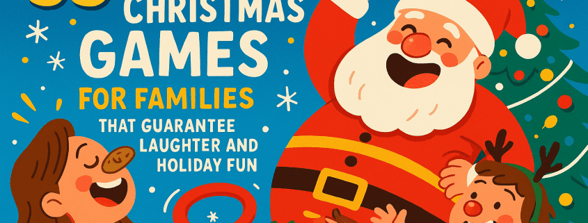 A vibrant, playful Christmas illustration featuring a laughing Santa tossing red rings in a reindeer-themed game. A smiling child wearing reindeer antlers stands nearby, while another child with a cookie on their face laughs joyfully. A decorated Christmas tree, wrapped gift, and festive confetti surround the scene. Bold text reads “35 Funny Christmas Games for Families That Guarantee Laughter and Holiday Fun,” with the FunAttic. Since 1998 logo in the bottom right corner. The artwork uses bright, saturated colors and clean, modern cartoon-style lines to create a cheerful, festive atmosphere.