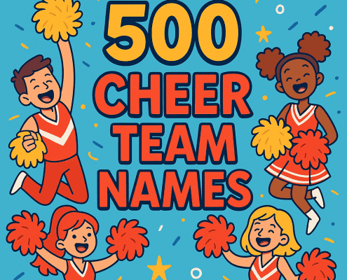 A bright and cheerful cartoon-style illustration featuring four diverse cheerleaders in red uniforms holding colorful pom-poms. They appear excited and energetic while jumping and smiling around bold yellow and red text that reads “500 CHEER TEAM NAMES” on a blue background with stars, confetti, and fun decorative elements.