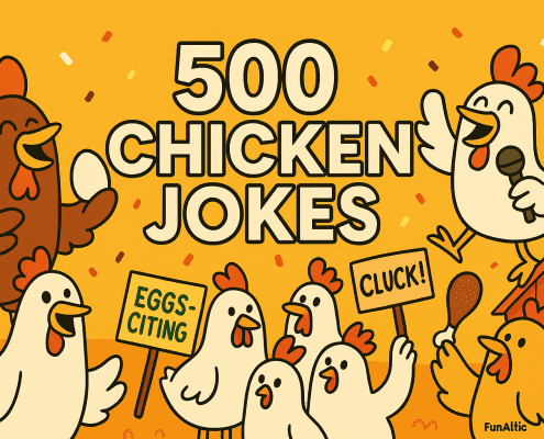 A colorful cartoon banner showing cheerful chickens celebrating around the bold title “500 Chicken Jokes” centered in white text. The scene includes chickens holding signs reading “EGGS-CITING” and “CLUCK!”, one chicken singing into a microphone, and another holding an egg. A small red barn appears on the right, with confetti floating in the warm yellow background and the “FunAttic. Since 1998.” logo subtly placed in the corner.