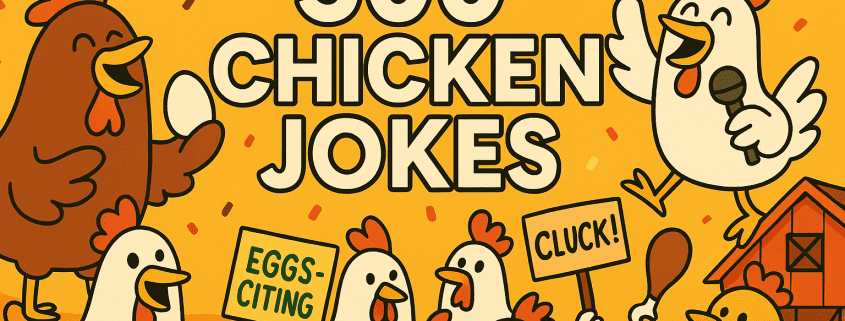 A colorful cartoon banner showing cheerful chickens celebrating around the bold title “500 Chicken Jokes” centered in white text. The scene includes chickens holding signs reading “EGGS-CITING” and “CLUCK!”, one chicken singing into a microphone, and another holding an egg. A small red barn appears on the right, with confetti floating in the warm yellow background and the “FunAttic. Since 1998.” logo subtly placed in the corner.
