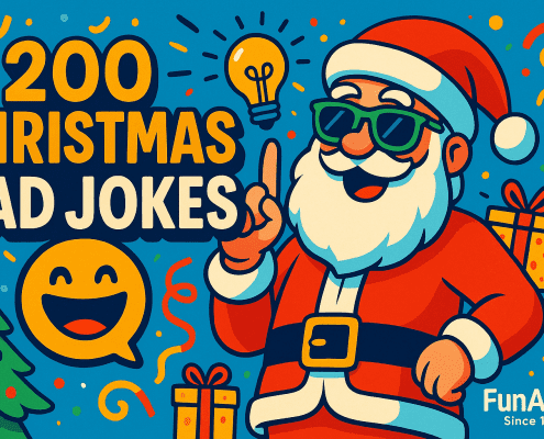 A bright, playful illustration featuring Santa Claus smiling and pointing upward beside bold text that reads “200 Christmas Dad Jokes”. Confetti, gifts, a laughing emoji, and festive icons surround the scene. The colors are bold and cheerful with a modern cartoon style. “FunAttic. Since 1998” appears in the bottom right corner.