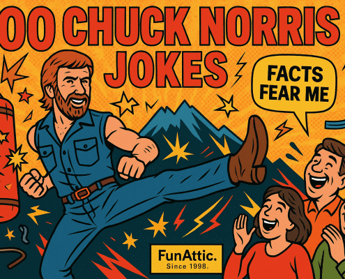 Comic-style illustration for “500 Chuck Norris Jokes.” Chuck Norris stands mid-roundhouse kick with a confident grin, wearing jeans and a sleeveless denim shirt. A red punching bag bursts beside him as three laughing onlookers watch. Bold text reads “500 Chuck Norris Jokes” above, with a yellow speech bubble saying “Facts Fear Me.” Background shows mountains, lightning, and comic bursts, with the FunAttic. Since 1998. logo at the bottom.