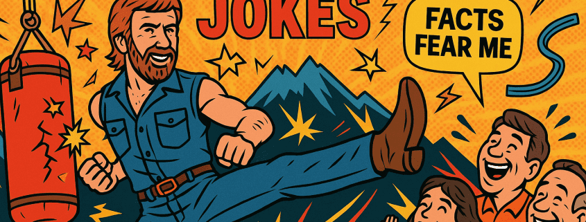 Comic-style illustration for “500 Chuck Norris Jokes.” Chuck Norris stands mid-roundhouse kick with a confident grin, wearing jeans and a sleeveless denim shirt. A red punching bag bursts beside him as three laughing onlookers watch. Bold text reads “500 Chuck Norris Jokes” above, with a yellow speech bubble saying “Facts Fear Me.” Background shows mountains, lightning, and comic bursts, with the FunAttic. Since 1998. logo at the bottom.