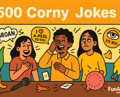 Funny and bright illustration showing people reacting to silly jokes, with puns, cartoon icons, and lighthearted humor representing the FunAttic ‘500 Corny Jokes’ article.