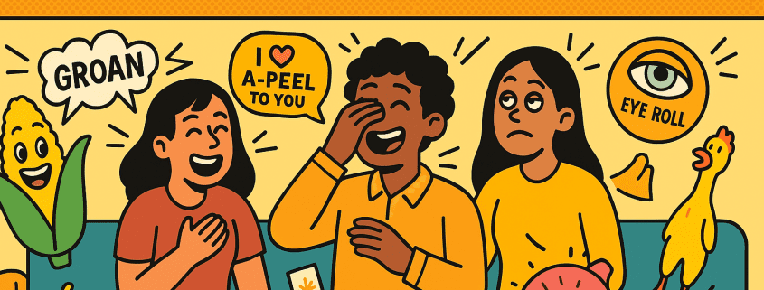 Funny and bright illustration showing people reacting to silly jokes, with puns, cartoon icons, and lighthearted humor representing the FunAttic ‘500 Corny Jokes’ article.