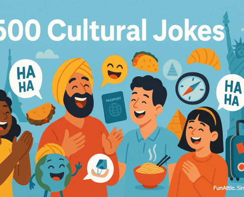 A colorful digital illustration featuring four diverse people laughing together, surrounded by cultural icons like the Eiffel Tower, Statue of Liberty, a taco, croissant, compass, and passport. A small cartoon Earth character joins the fun, symbolizing global humor. The centered white text reads “500 Cultural Jokes,” with “FunAttic. Since 1998.” in the bottom right corner. The art style is modern, friendly, and playful, evoking laughter across cultures.