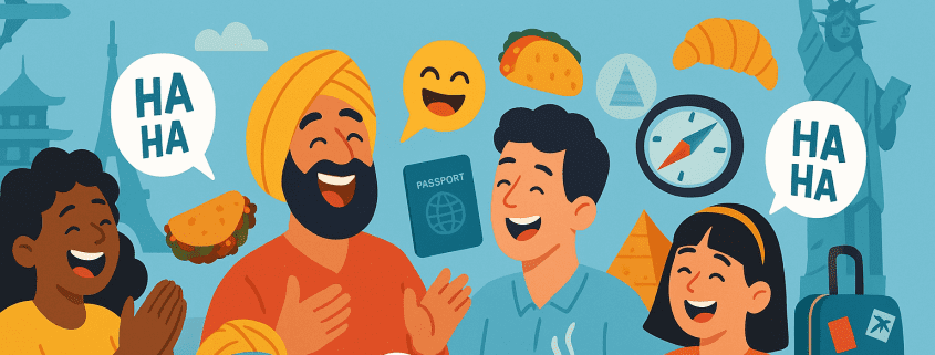 A colorful digital illustration featuring four diverse people laughing together, surrounded by cultural icons like the Eiffel Tower, Statue of Liberty, a taco, croissant, compass, and passport. A small cartoon Earth character joins the fun, symbolizing global humor. The centered white text reads “500 Cultural Jokes,” with “FunAttic. Since 1998.” in the bottom right corner. The art style is modern, friendly, and playful, evoking laughter across cultures.