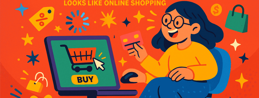 A vibrant, whimsical Cyber Monday illustration featuring a smiling woman shopping online at her desk, holding a credit card while clicking a “BUY” button on her computer screen. Surrounded by colorful icons like gift boxes, stars, shopping bags, and discount symbols, the scene captures the humor and excitement of online deals. The bold headline “Cyber Monday” appears above, with the FunAttic branding in the bottom right corner.