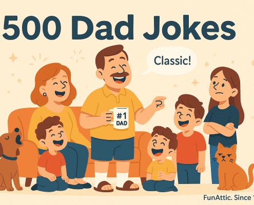 A cheerful dad in a yellow shirt and sandals holds a “#1 Dad” mug while telling a joke to his laughing family in a cozy living room. The mom, kids, dog, and cat react with smiles and laughter as the dad delivers his punchline. A playful speech bubble says “Classic!” above him, and “FunAttic. Since 1998.” appears at the bottom. The flat vector illustration uses warm, soft colors and a light background for a wholesome, family-friendly tone.