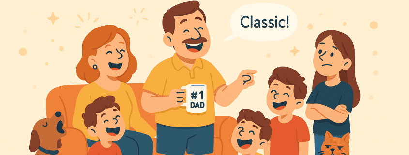 A cheerful dad in a yellow shirt and sandals holds a “#1 Dad” mug while telling a joke to his laughing family in a cozy living room. The mom, kids, dog, and cat react with smiles and laughter as the dad delivers his punchline. A playful speech bubble says “Classic!” above him, and “FunAttic. Since 1998.” appears at the bottom. The flat vector illustration uses warm, soft colors and a light background for a wholesome, family-friendly tone.