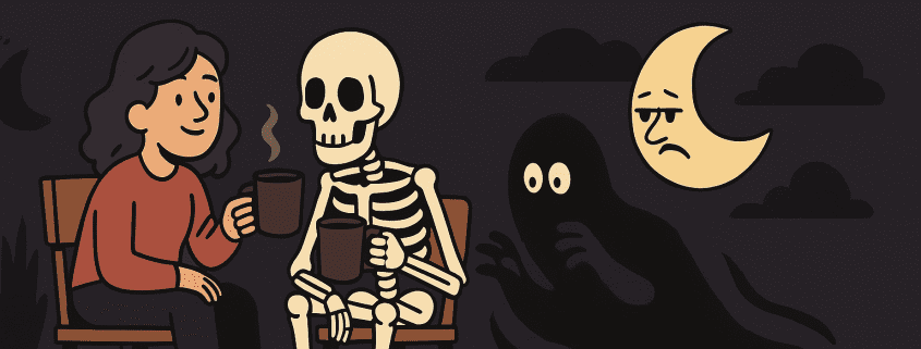 A cartoon-style illustration of a woman and a friendly skeleton sitting on wooden chairs, sharing coffee under a dark purple night sky. A ghostly shadow and a weary-looking moon float nearby, adding a playful spooky vibe. The text “500 Dark Humor Jokes” appears clearly centered at the top, with “FunAttic. Since 1998.” subtly placed in the bottom right corner.