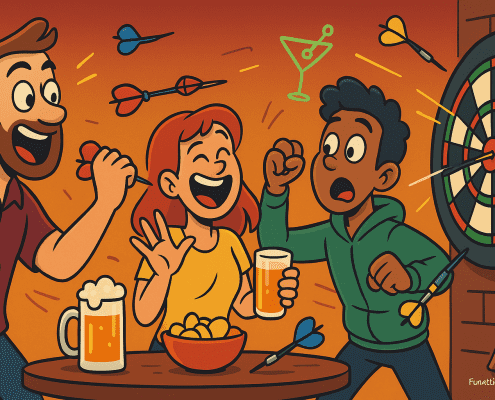 A funny modern-cartoon scene of three friends playing darts in a lively pub. One throws a dart with excitement, another laughs with a drink in hand, and a third reacts in surprise as darts fly around the dartboard. A beer mug, snack bowl, and neon signs add to the playful atmosphere. “FunAttic. Since 1998.” appears in the bottom-right corner.